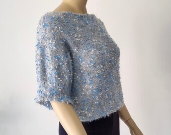 Damen Strickpullover Top Kurzarm Polka Dot Pullover Lässiger Strickpullover Grau Weiß Blau