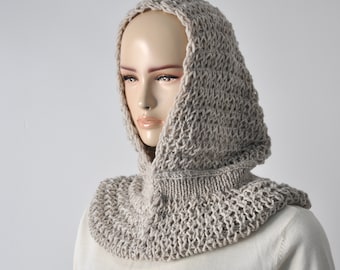 Hooded Scarf Chunky, Oversized Scarf, Wool Snood, Scarf Cowl, Cozy, Unisex, Beige, Sand