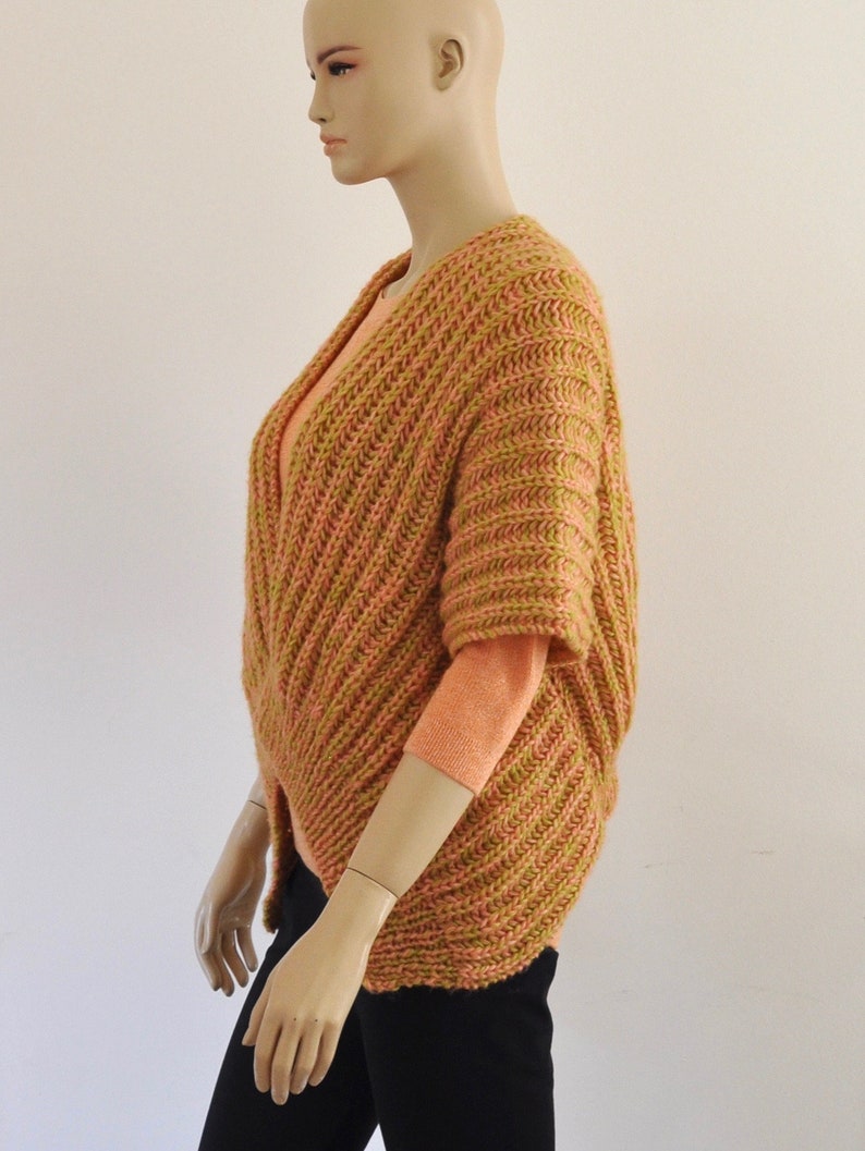 Knit Sweater Cardigan Vest Chunky Wrap Sweater Coral Green