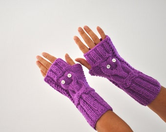 Purple Owl Gloves Arm Warmers Fingerless Gloves Women Knit Mittens Winter Gloves