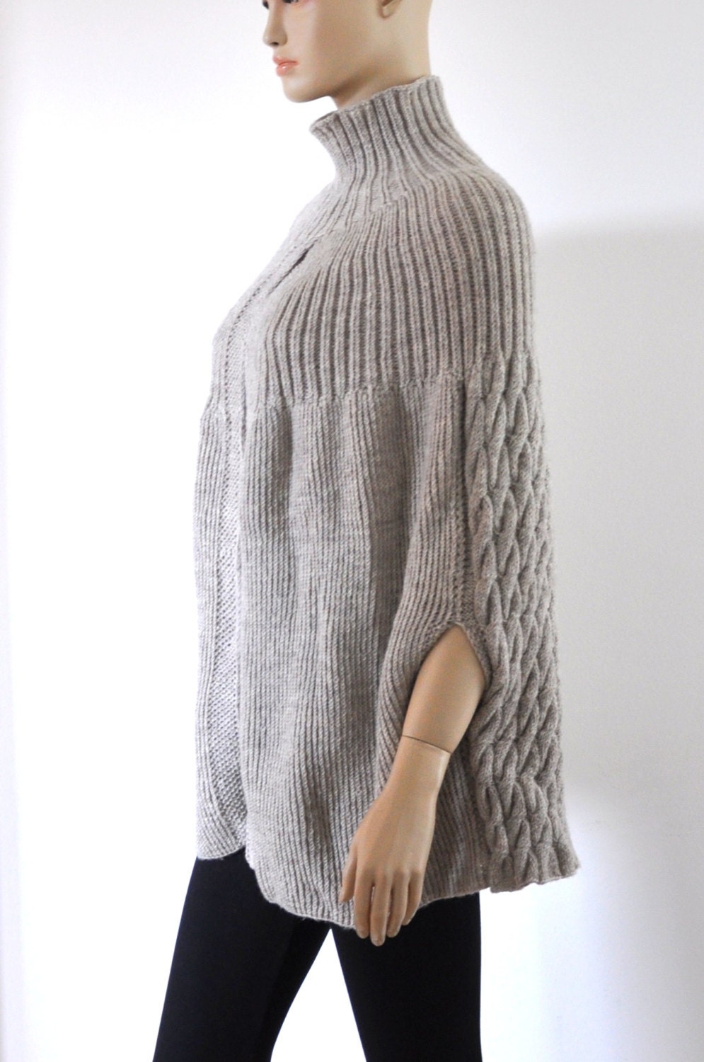 Oversized Poncho Sweater Beige Knit Cardigan Coat Chunky Wool - Etsy