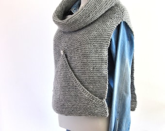 Gray Sweater Vest Oversized Turtleneck Cowl Hand Knit