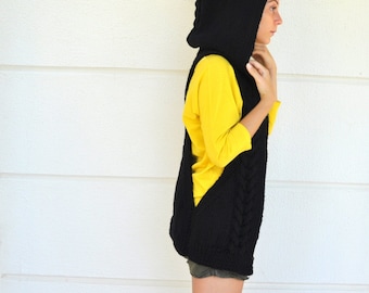 Black Sweater Cardigan Hooded Vest Knit Womens Sweater Warm Cozy Onyx