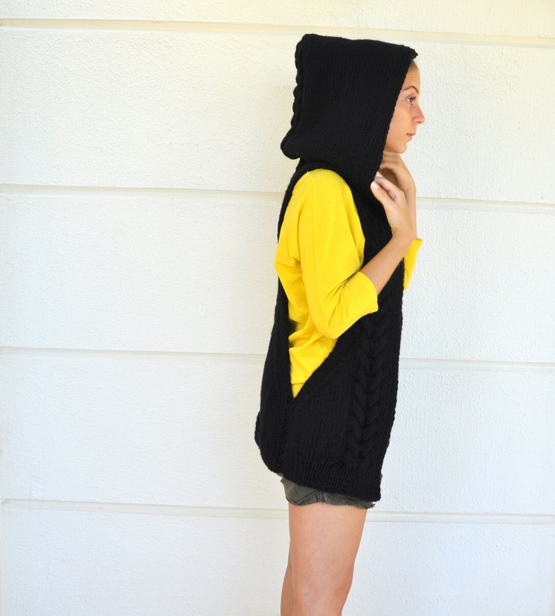 Black Sweater Cardigan Hooded Vest Knit Womens Sweater Warm Cozy Onyx