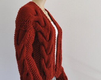 Chunky Sweater Cardigan Women Jacket Hand Knitted Brick