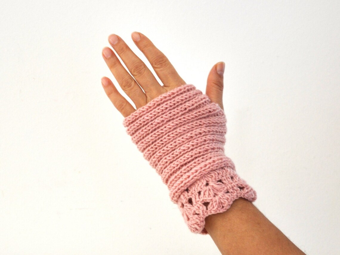 Pink Knit Gloves Fingerless Gloves Wrist Warmers Lace Gloves Etsy