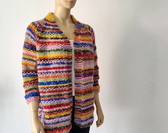 Shiny Rainbow Chunky Knit Cardigan, Hand Knitted Wool Jacket, Striped, Warm, Cozy, Colorful