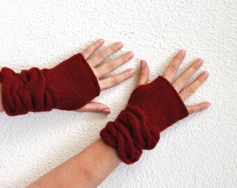 Red Gloves Knit Fingerless Gloves Wrist Warmers Mittens Warm Cozy Women Gloves Women Accessories