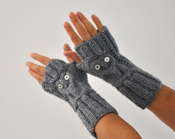 Owl Gloves Fingerless Gloves Winter Arm Warmers Gray Hand Knit Winter Accessories Winter Fashion