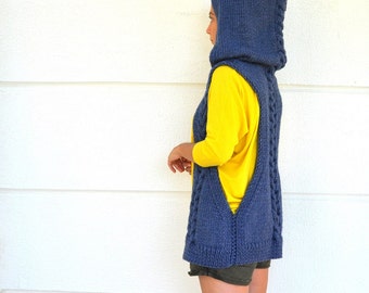 Hooded Sweater Cardigan Women Hooded Vest Blue Denim Blue Sapphire Hand Knit Chunky Knits