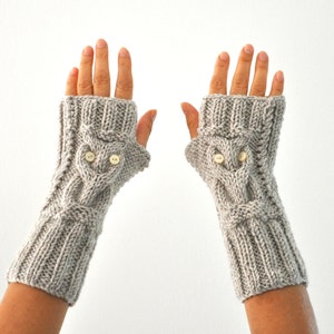 Fingerless Gloves Winter Gloves Arm Warmers Owl Beige Stone Hand Knit Winter Accessories Winter Fashion