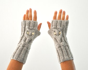 Fingerless Gloves Winter Gloves Arm Warmers Owl Beige Stone Hand Knit Winter Accessories Winter Fashion