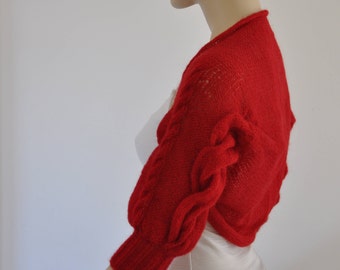 Roter Braut Bolero Shrug, Mohair Strick Hochzeit Cover Up, Strickjacke mit Zopfmuster für Braut oder Brautjungfer, Herbst Winter Hochzeit Accessoire
