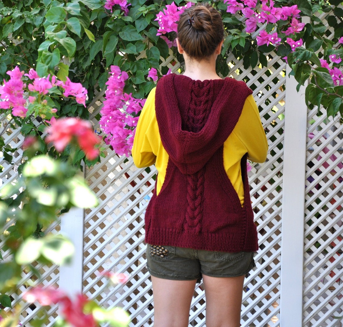 Sweater Vest Hooded Vest Hand Knit Sweater Burgundy Bourdeaux Etsy