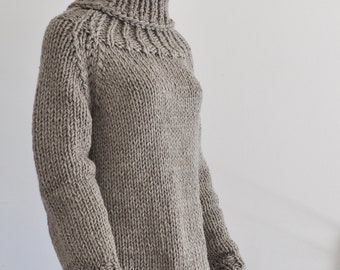 Chunky Sweater Tunic Women's Turtleneck Sweater Cowl Neck Thick Warm Hand Knit Beige Sand Earth Tones