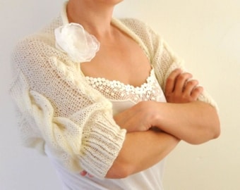 Elfenbein Hochzeit Bolero Jacke Braut Shrug Zopfmuster Mohair Shrug Bolero Hand stricken Bräute Brautjungfern