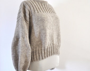 Knit Sweater with Long Balloon Sleeves Beige Earth Colors Hand Knitted Knitting