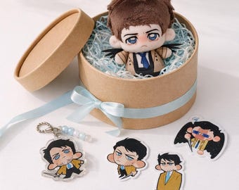 Conjunto de presente SPN Angel Castiel, boneco chibi feito por fã, chaveiro, adesivos