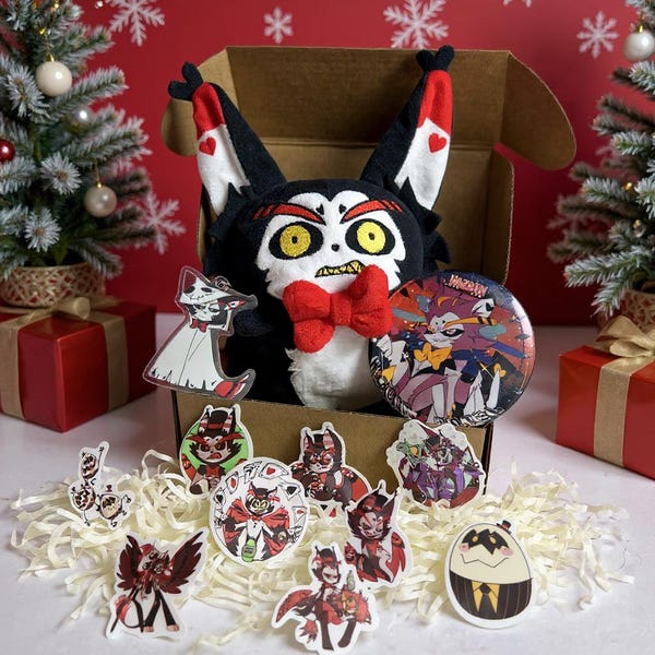 Hazbin Hotel – Husk Gift Box,Husk Plush Doll,Keychain,Badge,Sticker
