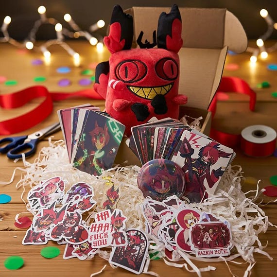 Hazbin Hotel – Alastor Plush Doll,Badge,Keychain,Card,Sticker,Alastor Gift Box Set
