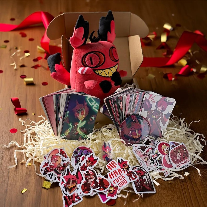 Hazbin Hotel – Alastor plyschdocka, märke, nyckelring, kort, klistermärke, Alastor presentask bild 2