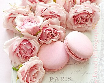 Paris Roses, Pink Macarons Print, Paris Macarons & Pink Roses, Shabby Chic Paris Pink Roses, Paris Floral Prints, Paris Romantic Roses Print