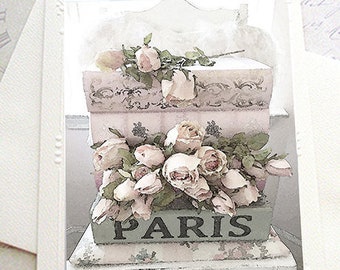 Paris Photo Note Card, Shabby Chic Decor, Paris Roses Notecard, Dreamy Watercolor Roses Note Cards, Romantic Cottage Paris Floral Note Cards
