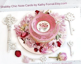 Pink Teacup Note Cards, Teacups Greeting Cards, Peonies & Teatime Note Cards, Shabby Chic Note Cards, Flower Note Cards, Tea Cups Note Cards