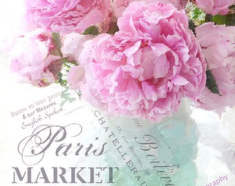 Pink Peony Prints, Impressionistic Peony Print, Paris Peonies, Paris Art, Paris Peony Prints, Shabby Chic Pink Aqua Peony Floral Art Prints