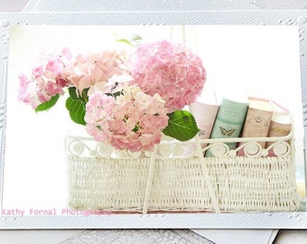 Pink Hydrangeas Note Card, Shabby Chic Floral Note Cards, Shabby Chic Greeting Cards, Hydrangeas Flowers In Basket, Floral Blank Note Cards