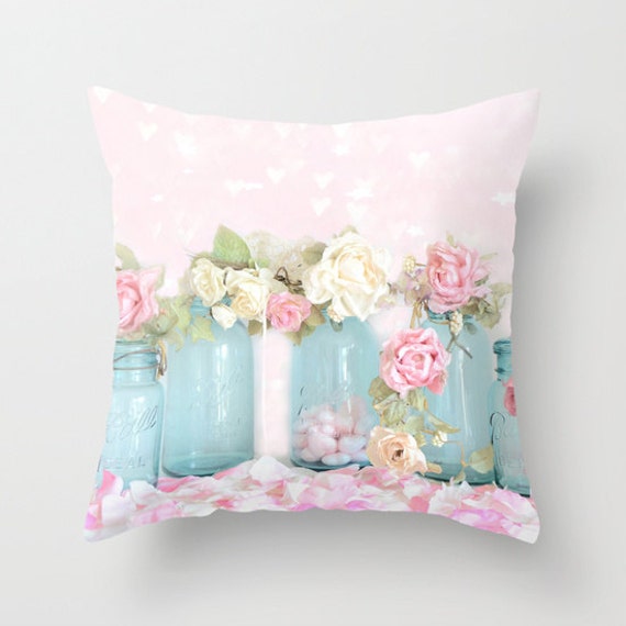 Shabby Chic Roses Floral Throw Pillows Pink Aqua Roses Flower Etsy
