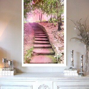 Pink Nature Photography, Fantasy Pink Nature, Dreamy Fairytale Pink Stairs, Pink Nature Print, Baby Girl Nursery Wall Decor, Fantasy Nature image 2