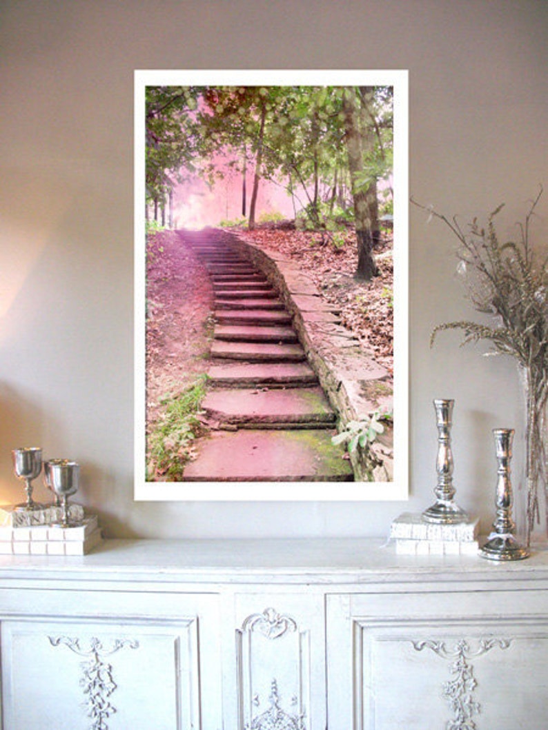 Pink Nature Photography, Fantasy Pink Nature, Dreamy Fairytale Pink Stairs, Pink Nature Print, Baby Girl Nursery Wall Decor, Fantasy Nature image 2