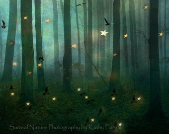 Nature Photography, Fairy Lights Green Woodlands, Twinkling Stars Birds Fantasy Print, Sparkling Fairytale Green Nature Woodlands Wall Print