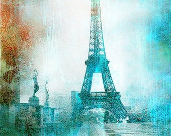 Paris Photography, Eiffel Tower Aqua Teal Abstract Print, Paris Eiffel Tower Wall Art Print, Paris Aqua Teal Eiffel Tower Wall Art Print