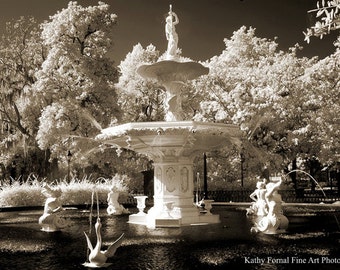 Savannah Photograph, Forsyth Fountain Square, Savannah Sepia Print, Savannah Georgia Sepia Photography, Savannah Forsyth Fountain Wall Print