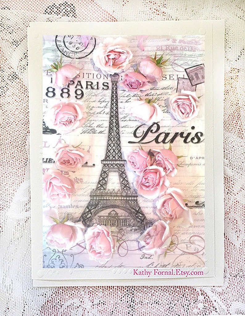 Paris Note Cards Eiffel Tower Roses Note Card Paris Greeting Etsy