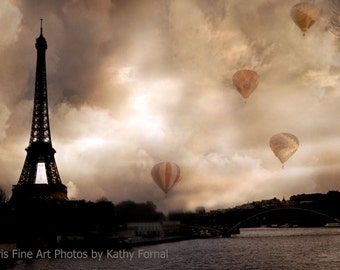 Paris Photography, Eiffel Tower Hot Air Balloons, Paris Sepia Eiffel Tower Prints, Paris Wall Art Prints, Eiffel Tower Sepia Fine Art Prints