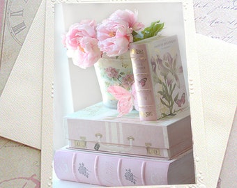 Shabby Chic Greeting Cards, Peony Flower Note Cards, Flower Photo Note Cards, Peonies & Books Note Card, Shabby Chic Flower Greeting Cards