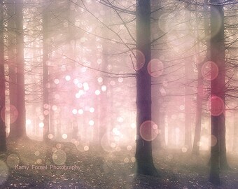 Nature Photography, Pink Sparkling Fairy Lights Trees, Pink Pastel Woodlands, Dreamy Fairytale Trees Nature, Baby Girl Nursery Decor Art