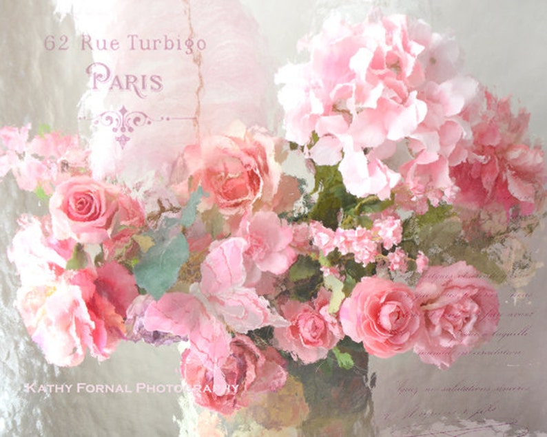 Paris Roses Floral Prints, Shabby Chic Decor, Paris Roses Art Prints, Dreamy Paris Roses Print, Romantic Paris Pink Roses Floral Photography image 1