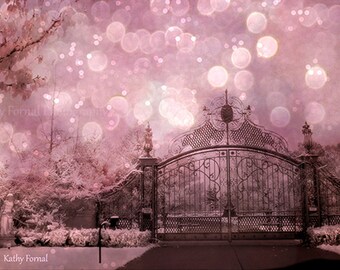 Pink Gate Nature Print, Fantasy Gate Fairy Lights, Surreal Fairytale Gothic Gate Print, Dreamy Pink Gate Landscape, Baby Girl Nursery Decor