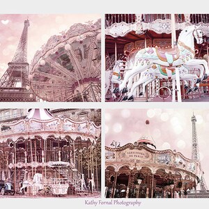 Paris Photographs, Blush Pink Carousel Print Set, Paris Baby Girl Nursery Decor, Eiffel Tower Carousel Prints, Paris Pink Carousel Prints