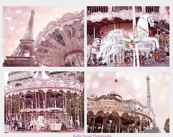 Paris Photographs, Blush Pink Carousel Print Set, Paris Baby Girl Nursery Decor, Eiffel Tower Carousel Prints, Paris Pink Carousel Prints