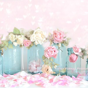 Roses Photography, Pink Roses Print, Shabby Chic Decor, Roses Mason Jars Print, Aqua Pink Roses Shabby Chic Flowers, Dreamy Roses Mason Jars