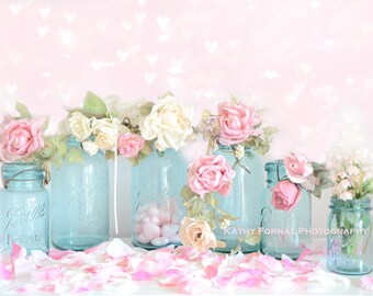 Roses Photography, Pink Roses Print, Shabby Chic Decor, Roses Mason Jars Print, Aqua Pink Roses Shabby Chic Flowers, Dreamy Roses Mason Jars