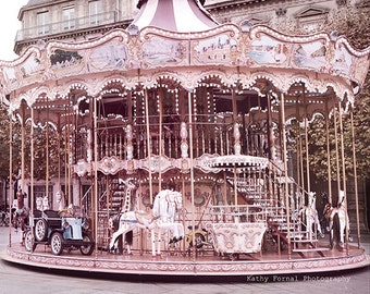 Paris Carousel Prints, Paris Merry-Go-Round, Paris Photography, Paris Blush Pink Carousel, Paris Hotel DeVille Carousel Print, Paris Nursery