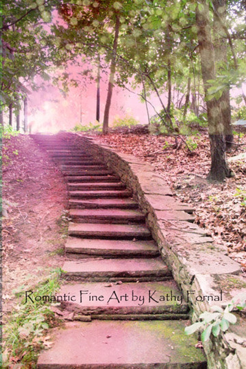 Pink Nature Photography, Fantasy Pink Nature, Dreamy Fairytale Pink Stairs, Pink Nature Print, Baby Girl Nursery Wall Decor, Fantasy Nature image 1