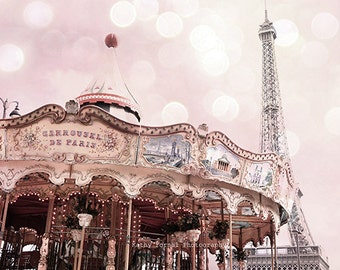 Paris Blush Pink Eiffel Tower Carousel Print, Paris Photography, Baby Girl Nursery Decor, Paris Blush Eiffel Tower Carousel Wall Art Prints