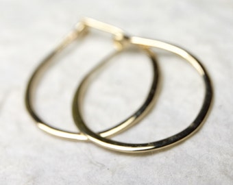 Medium Solid 14k Gold Hoops - 3/4 Inch Hand Forged Solid Gold Hoops - 14 Karat Yellow Gold Hoop Earrings